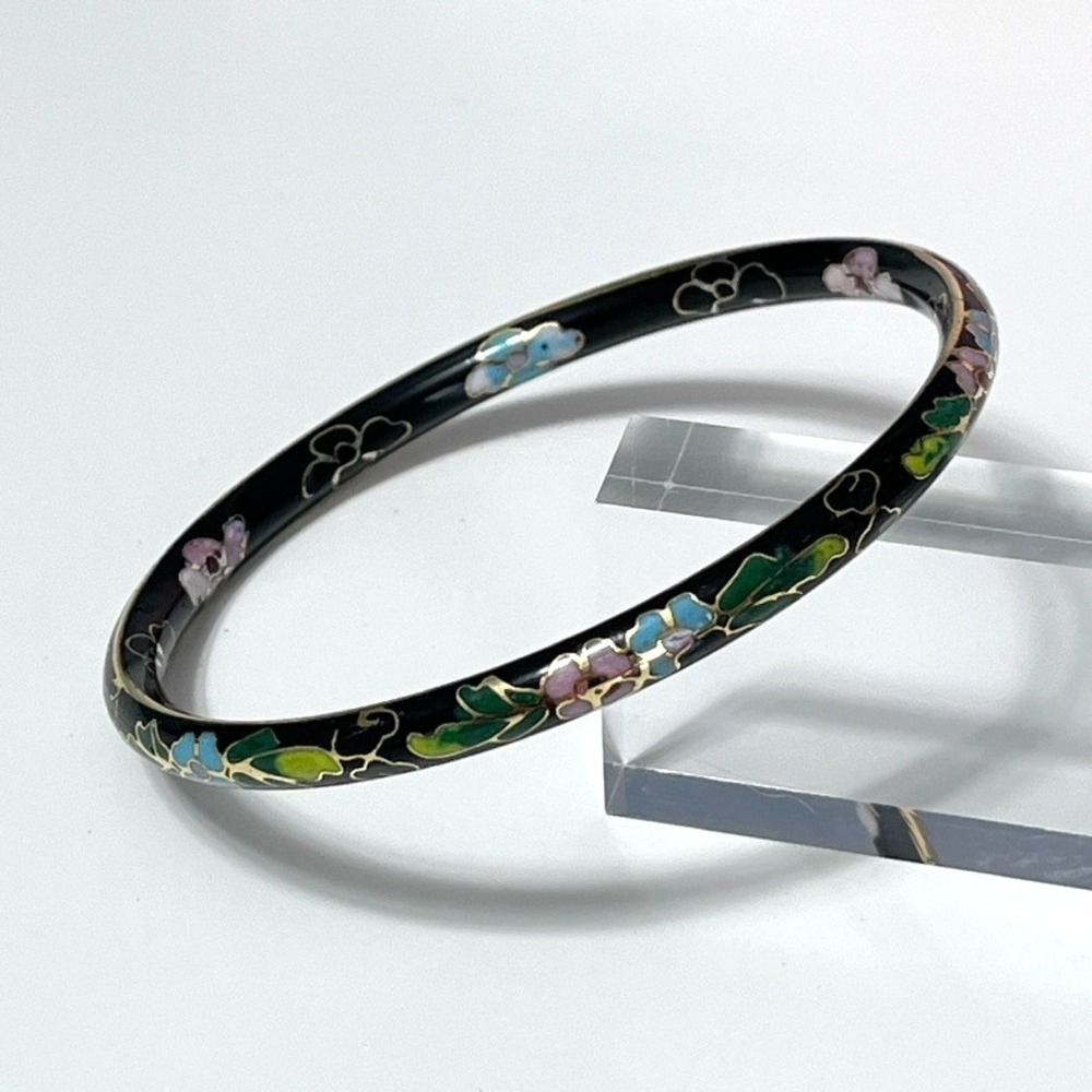 Vintage Cloisonne‎ Enamel Bangle Bracelet Black Brass Pink Blue Green Size 8
